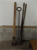 LARGE WRENCH, POST HOLE DIGGER & OTHER TOOLS