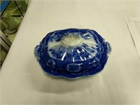 Flow Blue Covered Serving Bowl 11 Inches Long