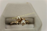 VINTAGE 14K TWO PEARL DRESS RING WITH RING SIZER