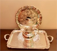 TWO SILVER PLATE TRAYS AND WATER PITCHER