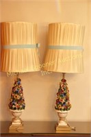 PAIR OF RETRO CAPODIMONTE FLORAL TABLE LAMPS