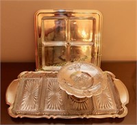 2 SILVERPLATE HORS D'OEUVRES PLATTERS + CANDY DISH