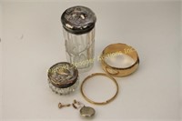 TWO STERLING DRESSER JARS AND JEWELLERY
