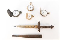 GROUPING OF POCKET WATCHES AND DAGGER
