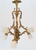 LARGE FRENCH STYLE BRONZE AND GLASS CHANDELIER