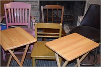 Lot-3 Chairs, Bar Stool, 2 Wooden TV Trays