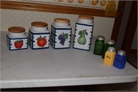 Lot-4 Ceramic Canisters w/Lids, 4 glass Shakers
