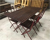 Un-Used Red Metal and Wood Table and 4 Folding