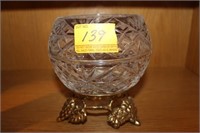 CRYSTAL ROSE BOWL ON BRASS STAND