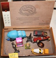 WOODEN CIGAR BOX WITH TOYS AND SOUVENIRS OF PARIS