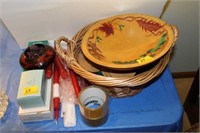 LOT: HOUSEWARES: CANDLES, BASKET, COASTERS, ETC.