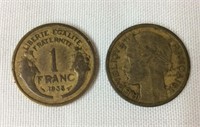 1938 French 1 Franc 2 Coins