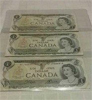 Three 1973  Canada One Dollar Bills