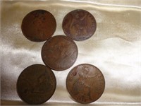 COINS - 5 BRITISH GEORGE V PENNIES 1913-1930s