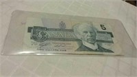 1986 Canada Five Dollar Note