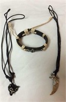 Men's Leather Jewelry Lot: 2 Pendants & Bracelet