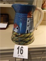 POTTERY PITCHER WITH SCENE, MADE IN ITALY ,12"
