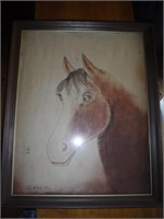 FRAMED -FABRIC/ PAINTING OF HORSE BY CLARA FOX