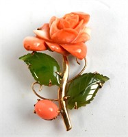 18K Gold Pin with Coral & Jadeite