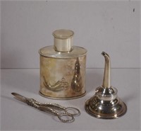 Antique silver plated tea caddy, wine funnel