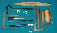 Wooden tool box tray with assorted tools