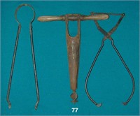 Lot: clinker tong, bung auger, & small ice tong