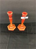 2 Amberina Type Glass Candlesticks