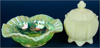 Uranium Glass Bride's Basket & Fenton Candy Dish