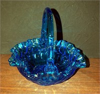 Vintage Fenton Blue Glass Candy Basket Dish 8"