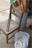 Wooden chair, small barrel, scrap wood, and shepar