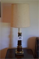 Pair of mid century wood and brass lamps, 36" H