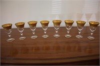 8 Crystal Cordial Glasses with Real Gold Trim