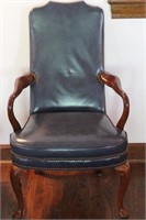 High Back Wood & Leather Arm Chair - Navy Blue