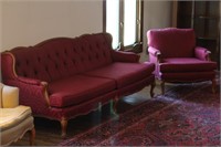 French Style Cherry & Upholstered Sofa & Chair