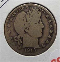 1913-D Barber Silver Half Dollar.