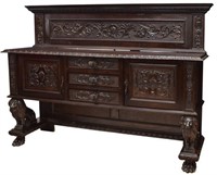 RENAISSANCE REVIVAL CARVED WALNUT LION SIDEBOARD