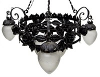 IRON AND FROSTED GLASS FOUR LIGHT CHANDELIER