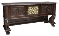 RENAISSANCE REVIVAL CARVED WALNUT LION SIDEBOARD