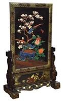 CHINESE BLACK LACQUER PARCEL GILT STANDING SCREEN