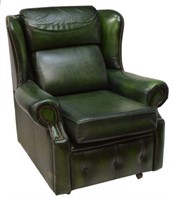 ENGLISH GREEN LEATHER BUTTON BACK WINGBACK CHAIR