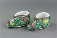 Pair Chinese Porcelain and Silver Shoes with Marks