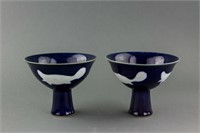 Pair Chinese Blue Ground Porcelain Stem Cup Xuande