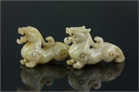 Pair Han Dynasty Hetian White Jade Carved Dragons