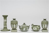 5 Pieces Wedgwood Olive Green Jasperware Pottery