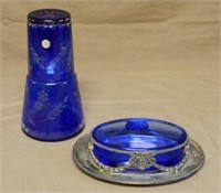 Cobalt Blue Glass Bedside Carafe and Dish.