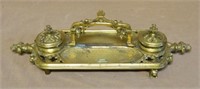 Gothic Revival Brass Desk Pen and Ink Well Stand.