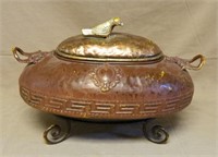 Bird Finial Copper Washed Lidded and Footed Pot.