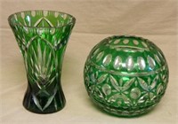 Green Cut to Clear Crystal Vase and Rose Bowl.