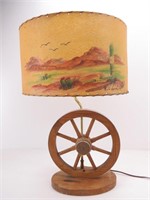 Wooden Wagon Wheel Lamp w/ Hand Painted Shade