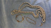 2 Silvertone necklaces and 2 bracelets, One has